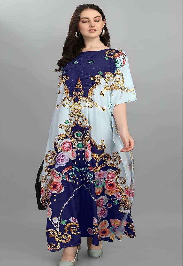 Multicolor digital printed stone work polyester crepe kaftan full- stitched - free size 