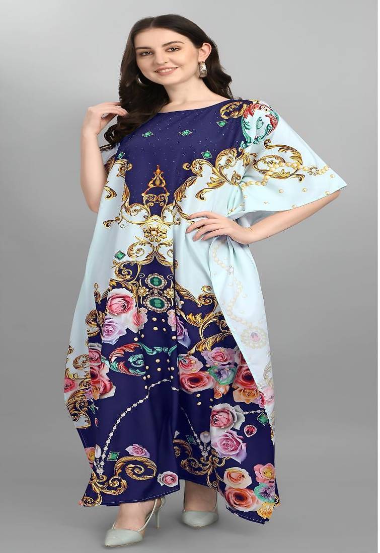 Multicolor digital printed stone work polyester crepe kaftan full- stitched - free size 