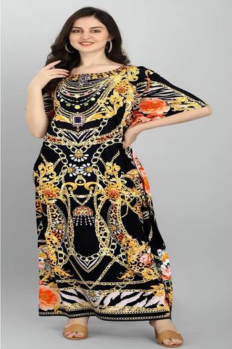Multicolor digital printed stone work polyester crepe kaftan full- stitched - free size 