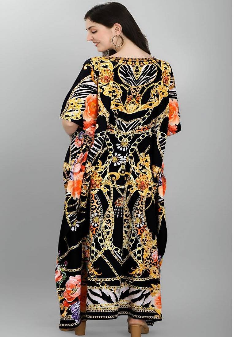 Multicolor digital printed stone work polyester crepe kaftan full- stitched - free size 