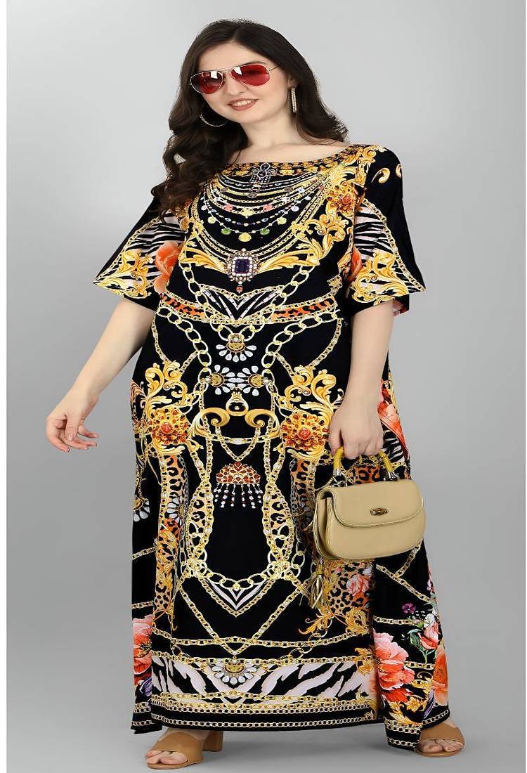 Multicolor digital printed stone work polyester crepe kaftan full- stitched - free size 