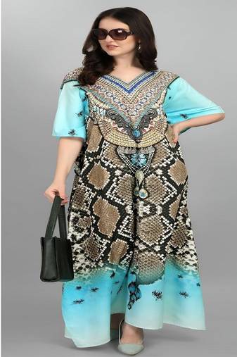 Multicolor digital printed stone work polyester crepe kaftan full- stitched - free size 