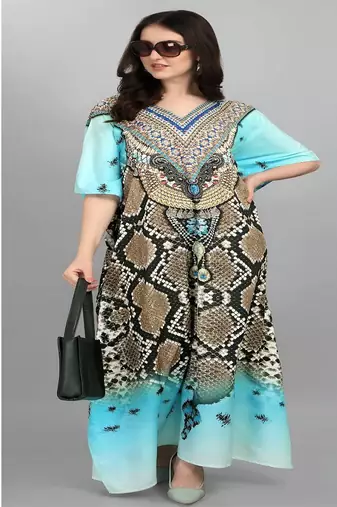 Multicolor digital printed stone work polyester crepe kaftan full- stitched - free size 