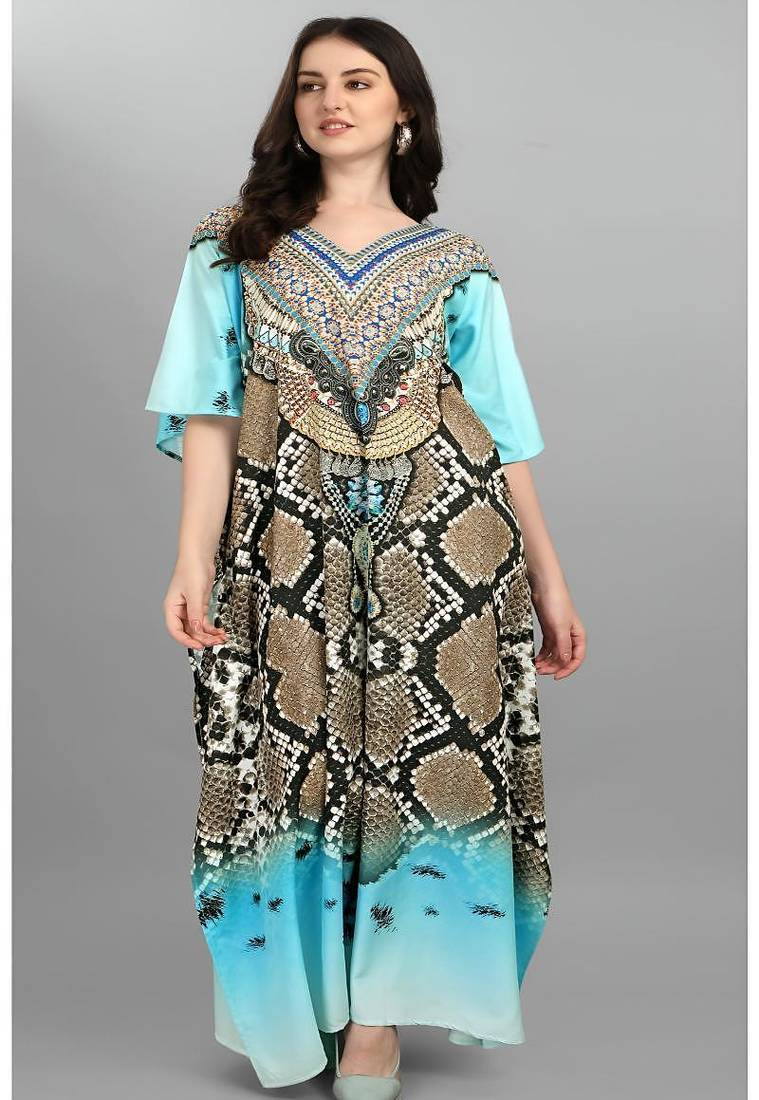 Multicolor digital printed stone work polyester crepe kaftan full- stitched - free size 