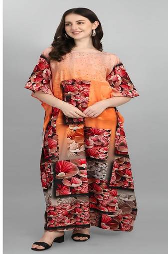 Multicolor digital printed stone work polyester crepe kaftan full- stitched - free size 