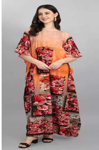 Multicolor digital printed stone work polyester crepe kaftan full- stitched - free size 