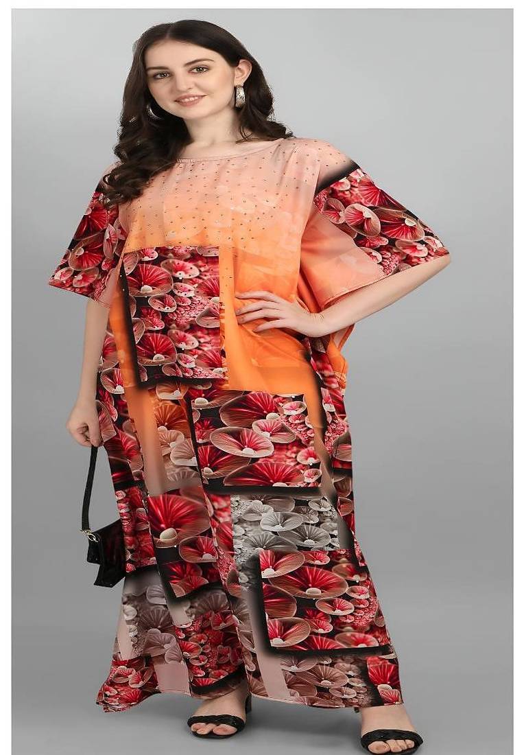 Multicolor digital printed stone work polyester crepe kaftan full- stitched - free size 