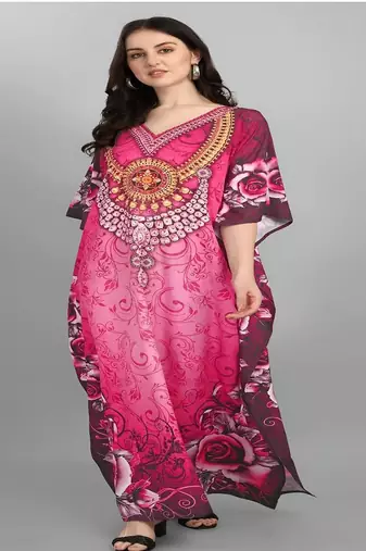 Multicolor digital printed stone work polyester crepe kaftan full- stitched - free size 
