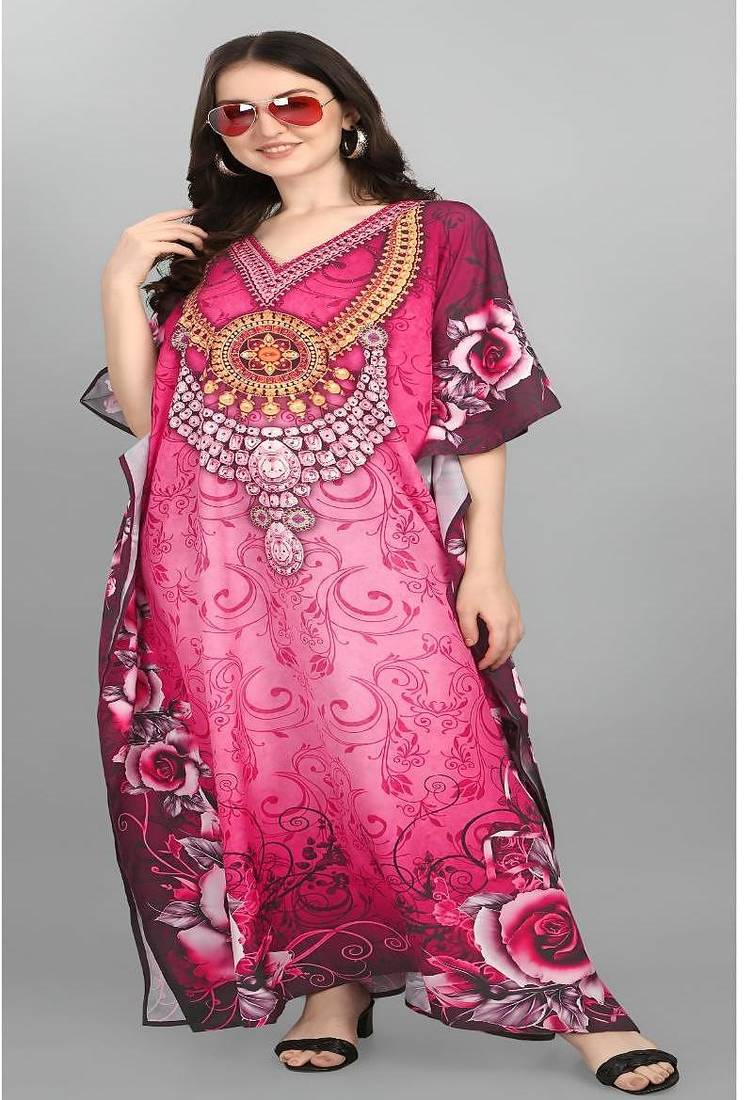 Multicolor digital printed stone work polyester crepe kaftan full- stitched - free size 