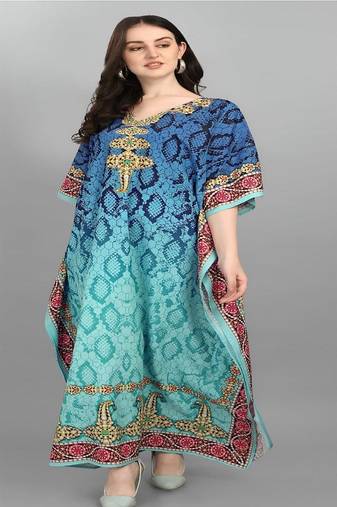 Multicolor digital printed stone work polyester crepe kaftan full- stitched - free size 