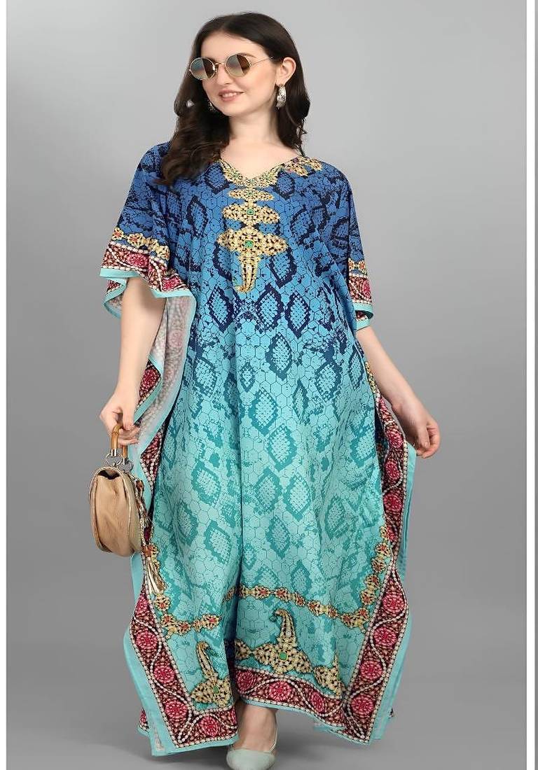 Multicolor digital printed stone work polyester crepe kaftan full- stitched - free size 