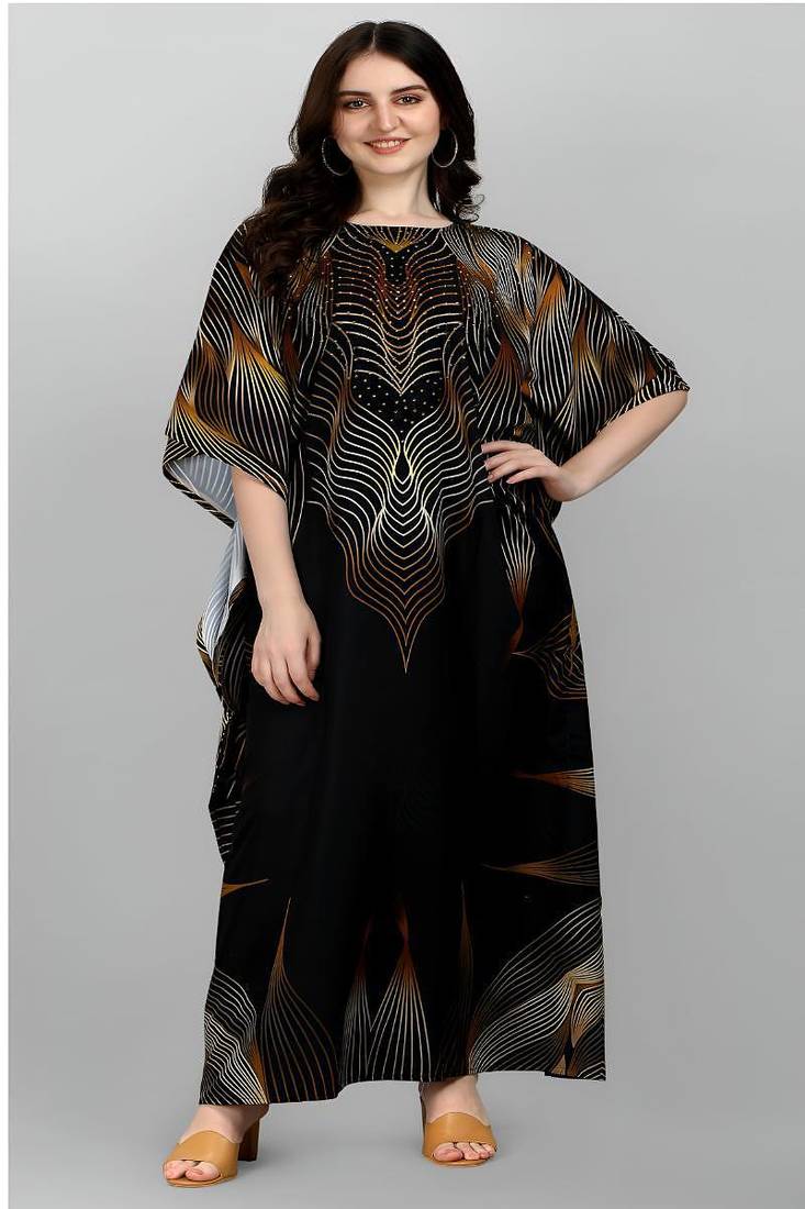 Multicolor digital printed stone work polyester crepe kaftan full- stitched - free size 
