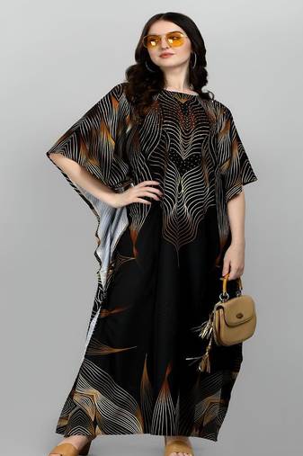 Multicolor digital printed stone work polyester crepe kaftan full- stitched - free size 