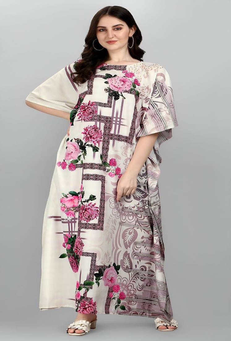 Multicolor digital printed stone work polyester crepe kaftan full- stitched - free size 