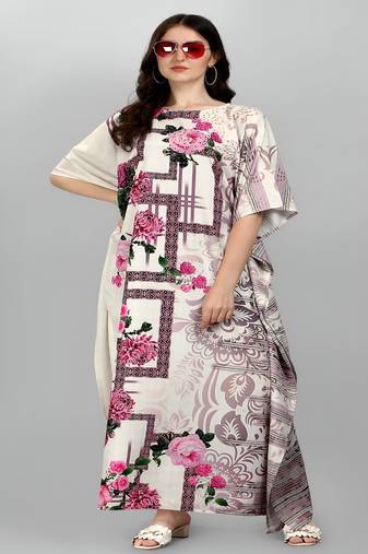 Multicolor digital printed stone work polyester crepe kaftan full- stitched - free size 