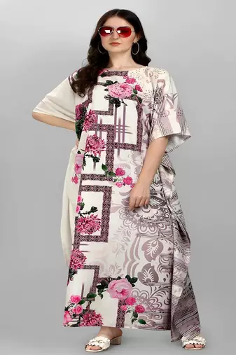Multicolor digital printed stone work polyester crepe kaftan full- stitched - free size 