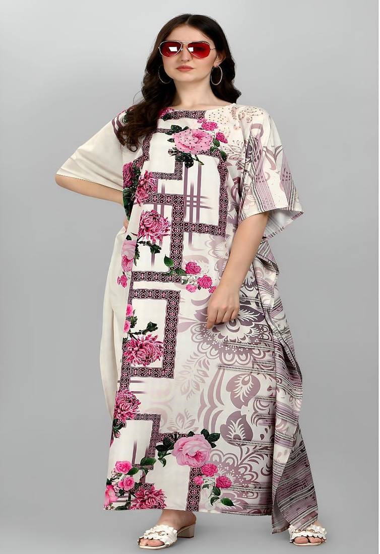 Multicolor digital printed stone work polyester crepe kaftan full- stitched - free size 