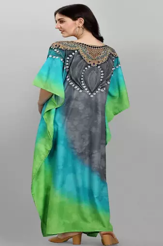 Multi digital print with stone work polyester crepe designer kaftan free size (m up to 3xl)