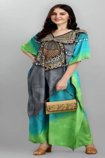 Multicolor digital printed stone work polyester crepe kaftan full- stitched - free size 