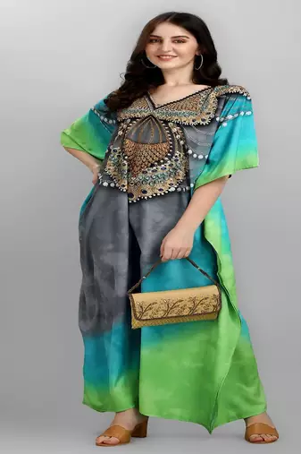 Multicolor digital printed stone work polyester crepe kaftan full- stitched - free size 