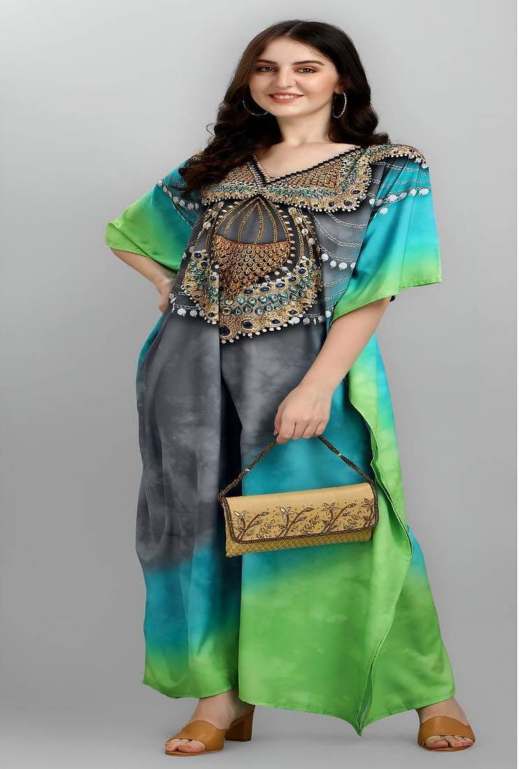 Multicolor digital printed stone work polyester crepe kaftan full- stitched - free size 