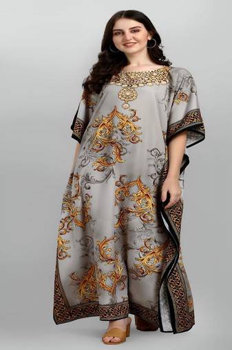 Multicolor digital printed stone work polyester crepe kaftan full- stitched - free size 