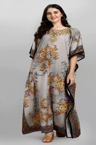 Multicolor digital printed stone work polyester crepe kaftan full- stitched - free size 