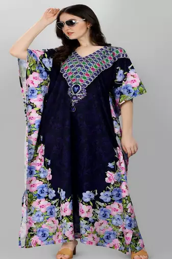 Multicolor digital printed stone work polyester crepe kaftan full- stitched - free size 