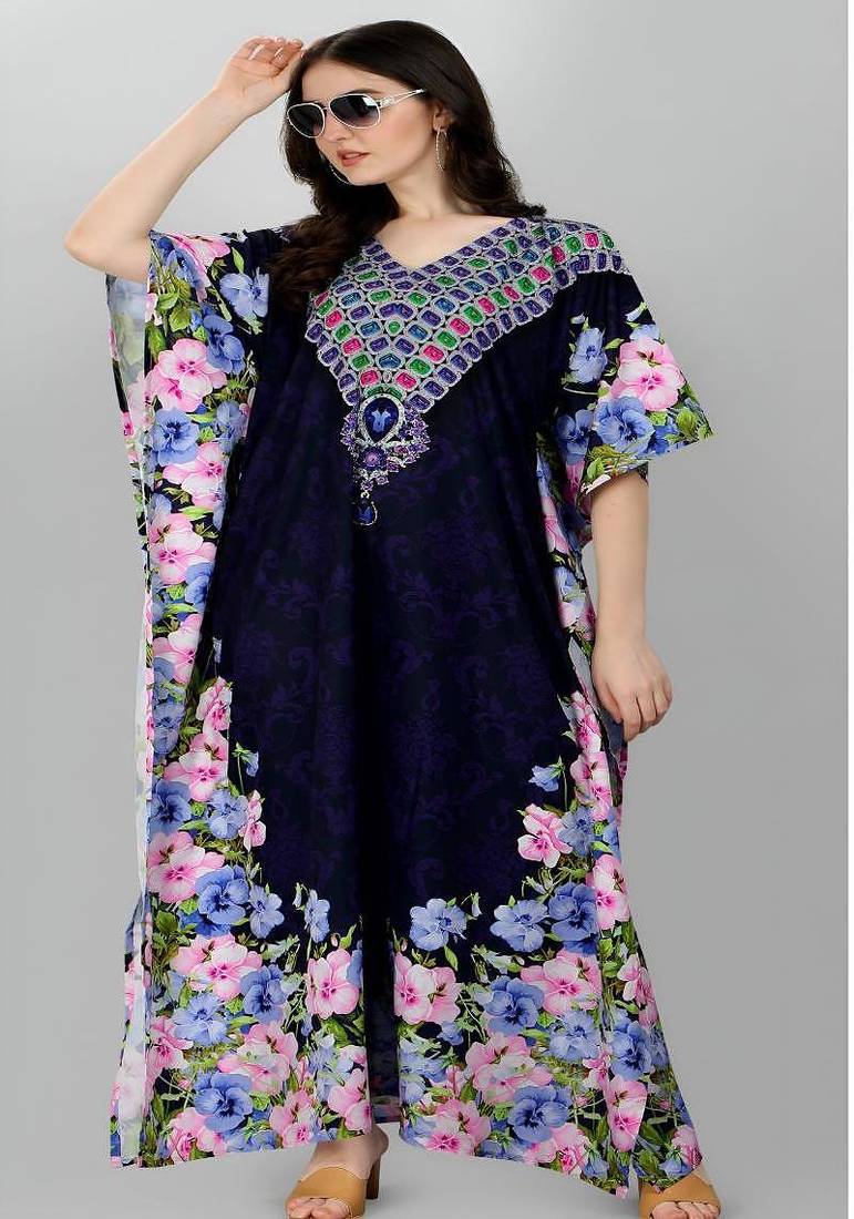 Multicolor digital printed stone work polyester crepe kaftan full- stitched - free size 