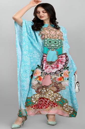 Multicolor digital printed stone work polyester crepe kaftan full- stitched - free size 