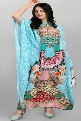 Multicolor digital printed stone work polyester crepe kaftan full- stitched - free size 