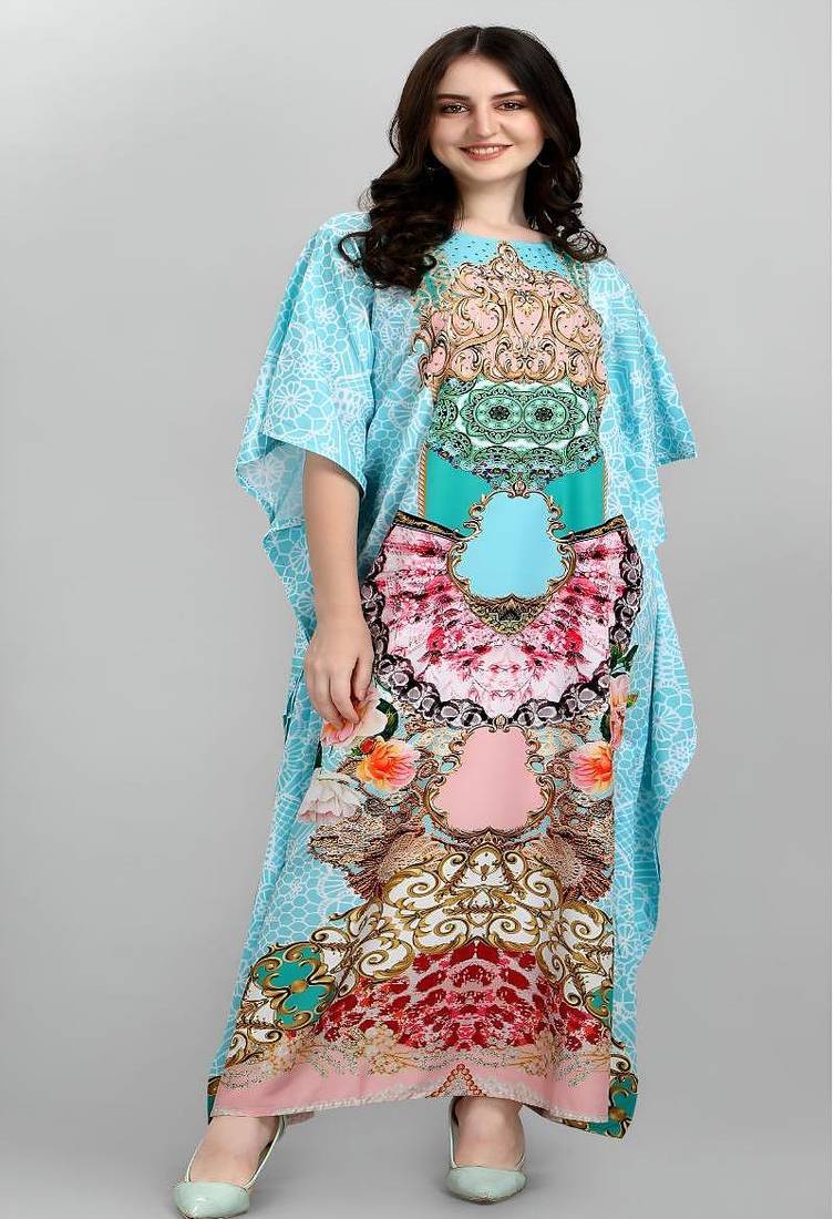 Multicolor digital printed stone work polyester crepe kaftan full- stitched - free size 
