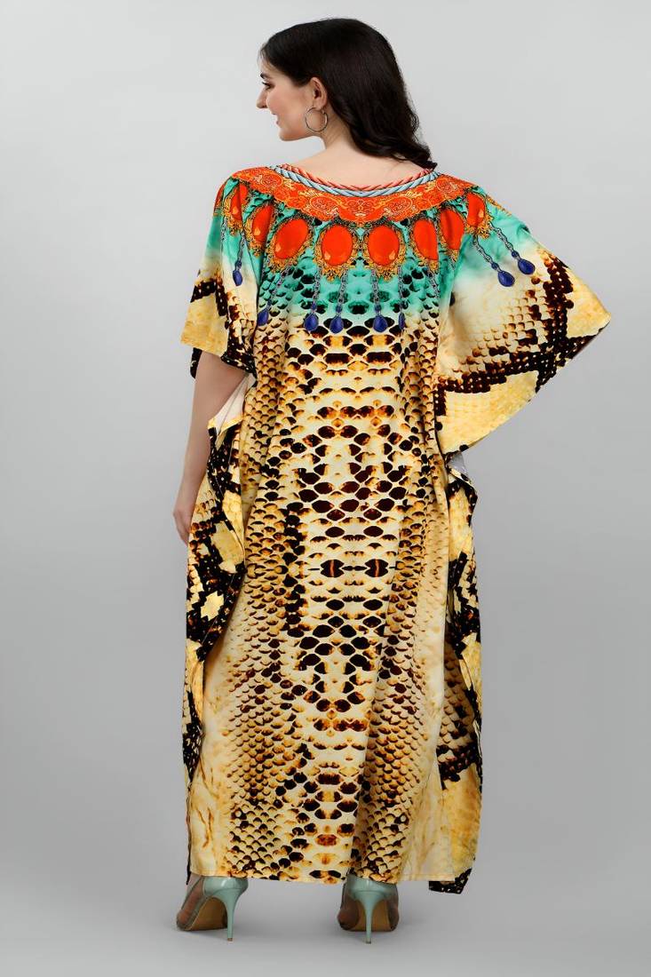 Multicolor digital printed stone work polyester crepe kaftan full- stitched - free size 