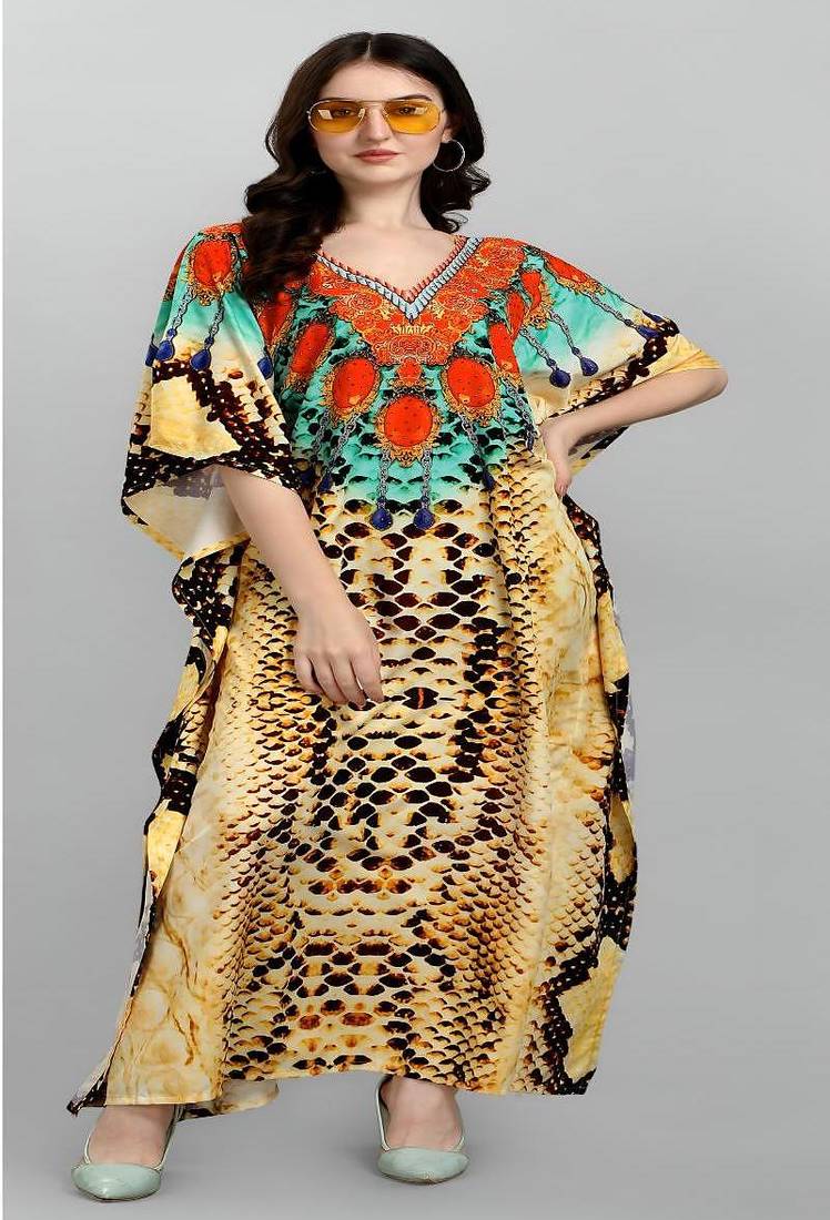Multicolor digital printed stone work polyester crepe kaftan full- stitched - free size 
