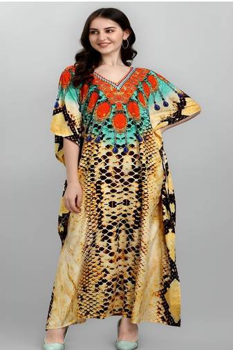 Multicolor digital printed stone work polyester crepe kaftan full- stitched - free size 