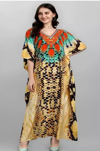Multicolor digital printed stone work polyester crepe kaftan full- stitched - free size 