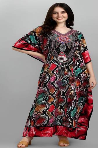 Multicolor digital printed stone work polyester crepe kaftan full- stitched - free size 