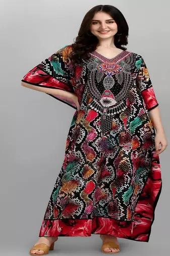 Multicolor digital printed stone work polyester crepe kaftan full- stitched - free size 