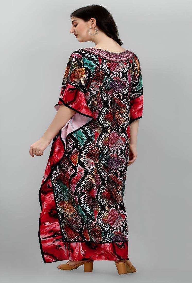 Multicolor digital printed stone work polyester crepe kaftan full- stitched - free size 