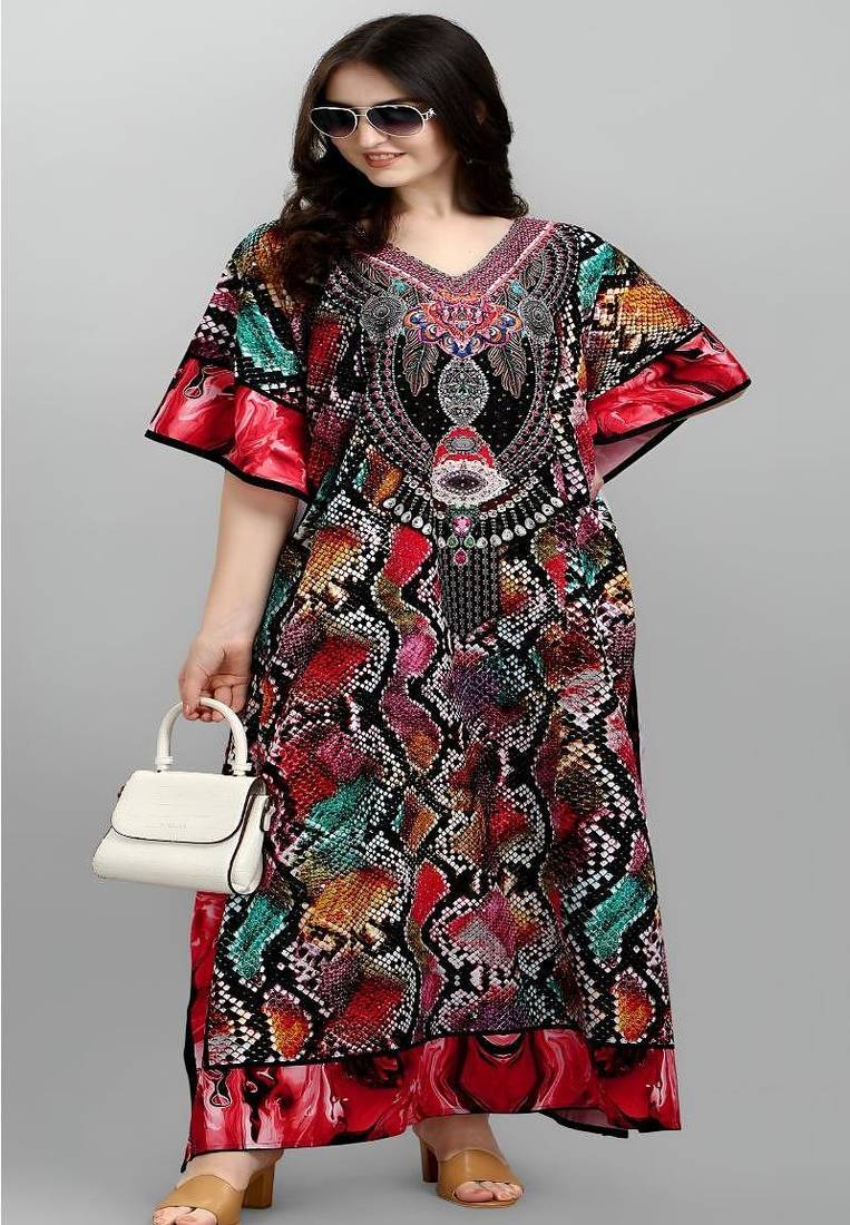 Multicolor digital printed stone work polyester crepe kaftan full- stitched - free size 