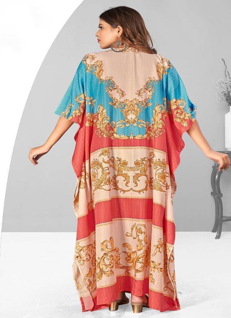 Multicolor digital printed stone work polyester crepe kaftan full- stitched - free size 