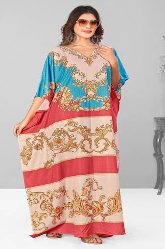 Multicolor digital printed stone work polyester crepe kaftan full- stitched - free size 