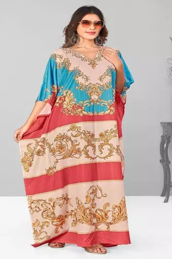 Multicolor digital printed stone work polyester crepe kaftan full- stitched - free size 