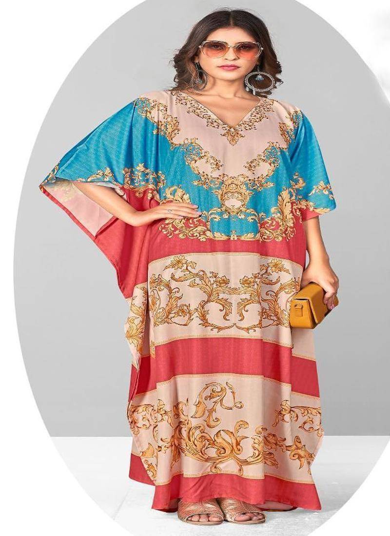 Multicolor digital printed stone work polyester crepe kaftan full- stitched - free size 
