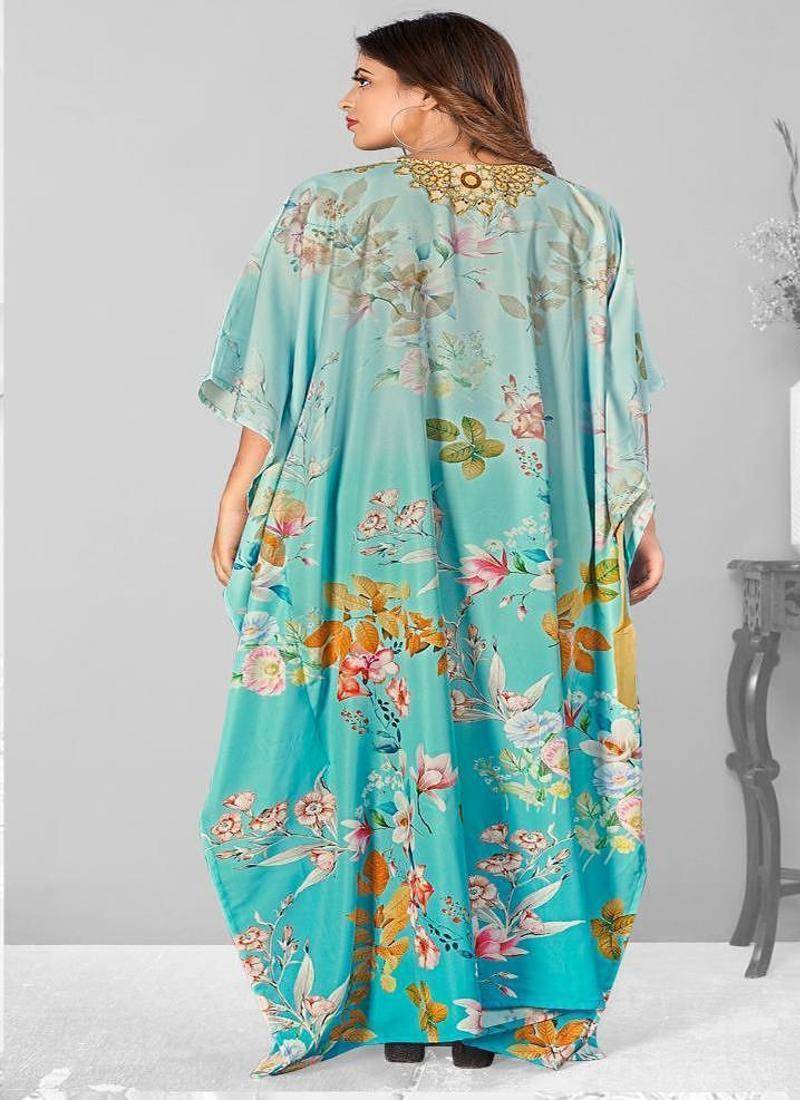 Multicolor digital printed stone work polyester crepe kaftan full- stitched - free size 