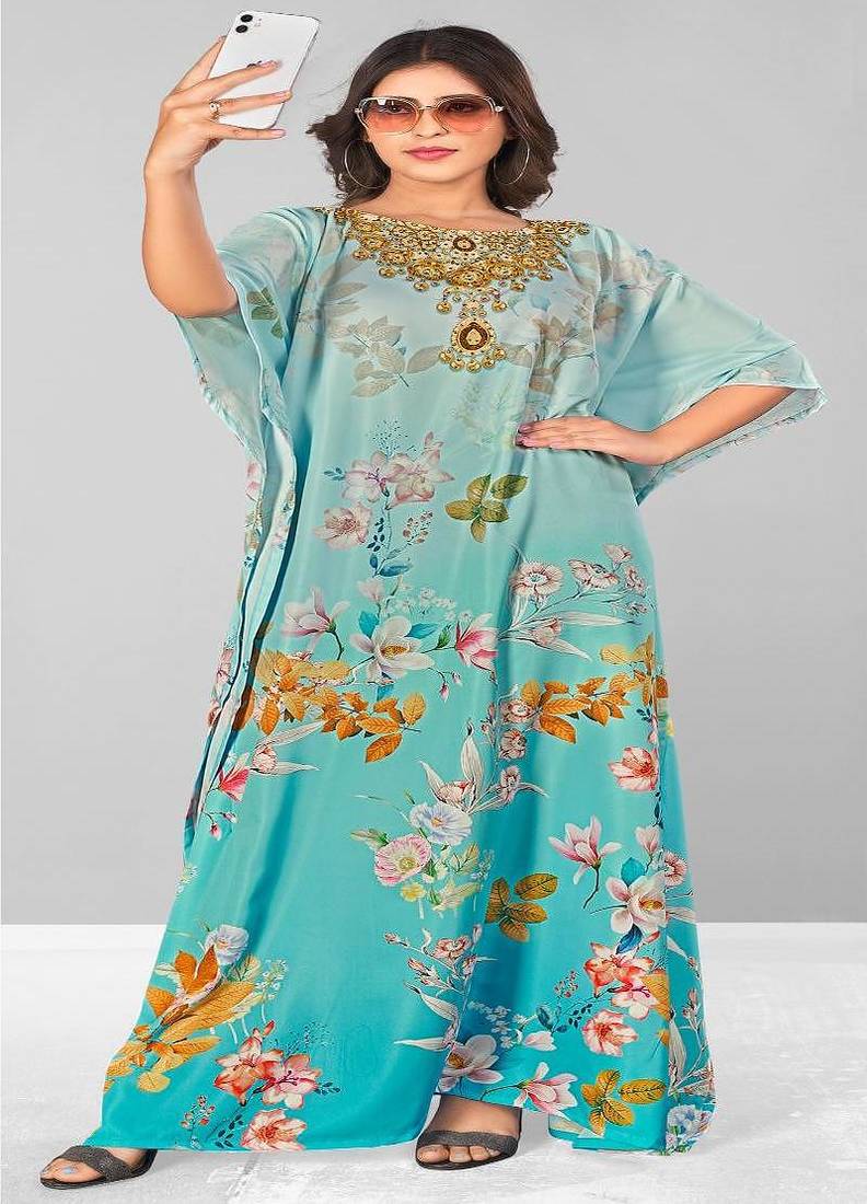 Multicolor digital printed stone work polyester crepe kaftan full- stitched - free size 