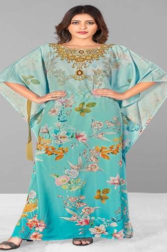 Multicolor digital printed stone work polyester crepe kaftan full- stitched - free size 
