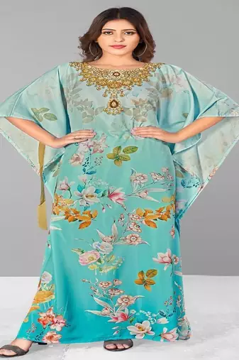 Multicolor digital printed stone work polyester crepe kaftan full- stitched - free size 