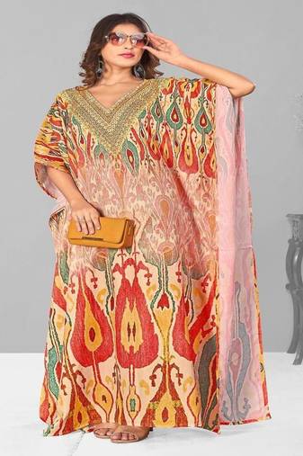 Multicolor digital printed stone work polyester crepe kaftan full- stitched - free size 