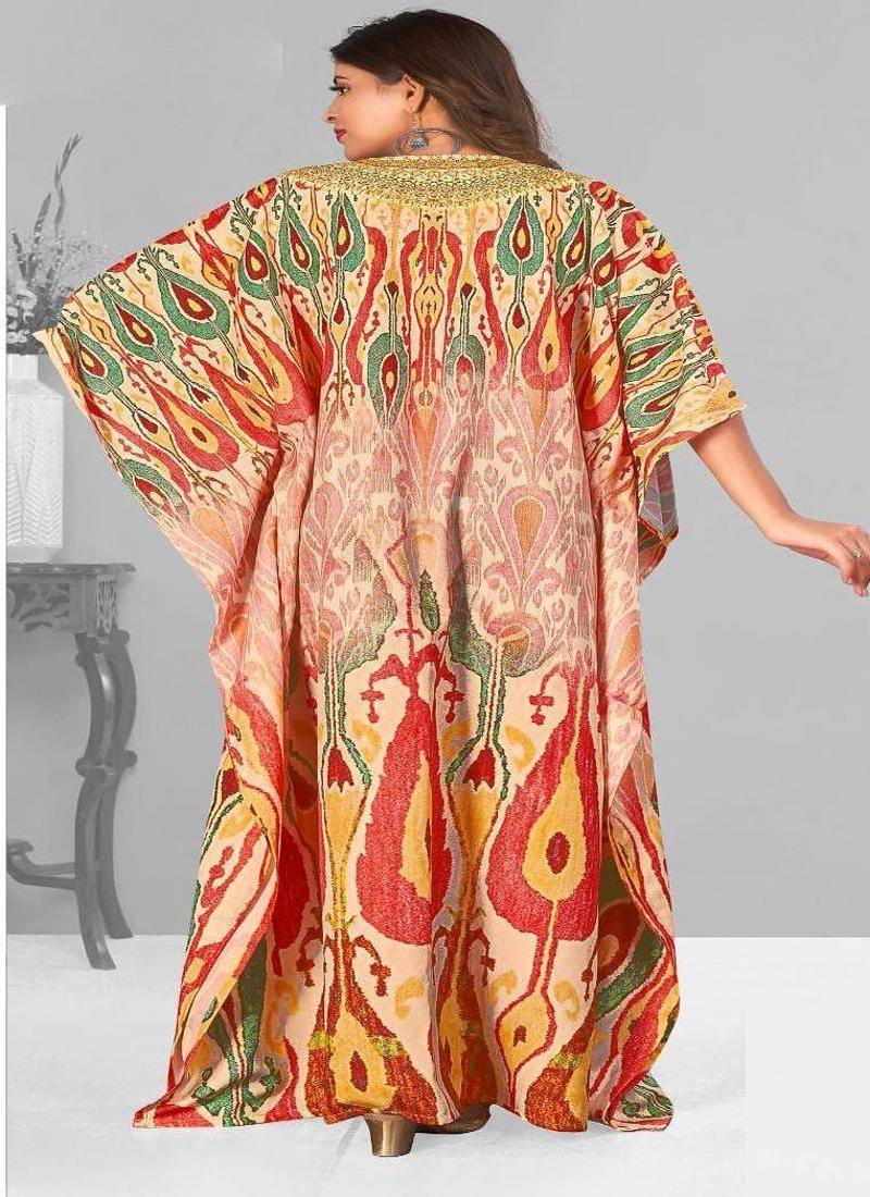 Multicolor digital printed stone work polyester crepe kaftan full- stitched - free size 